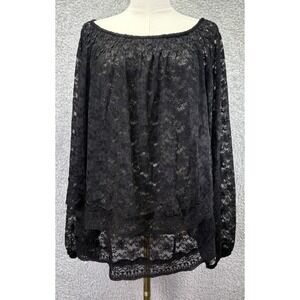Festi Womens M/L Black Sheer Lace Top Open Back Balloon Sleeve Whimsigoth Boho